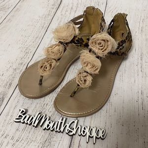 Qupid Leopard Print Nude Roses Strappy Chiffon Flower Zip Up Sandals